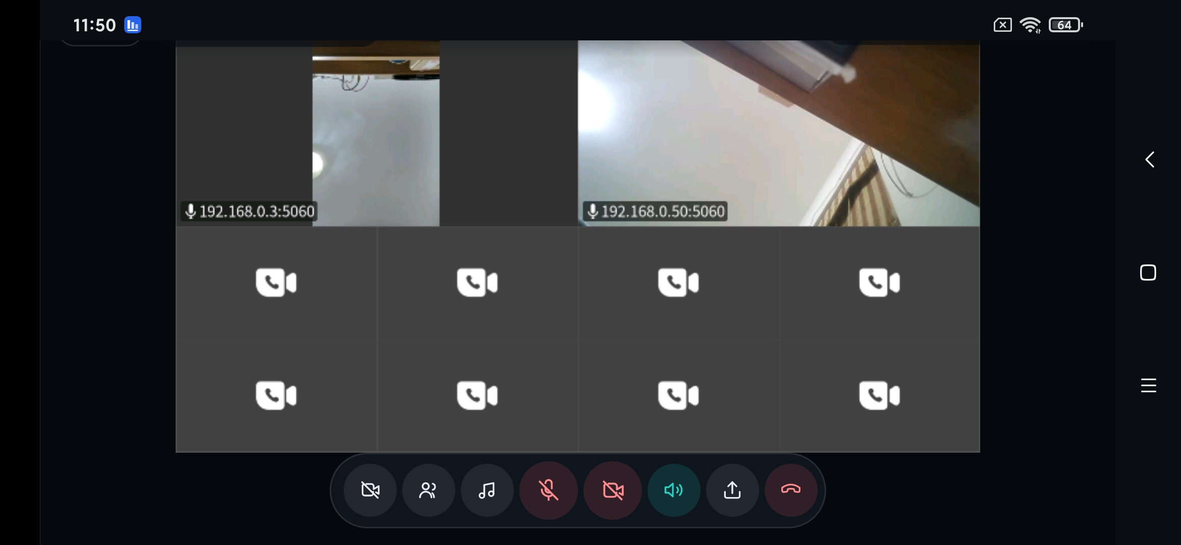 OvMeetMCU Android 端视频会议界面：多分屏融屏与会议控制条